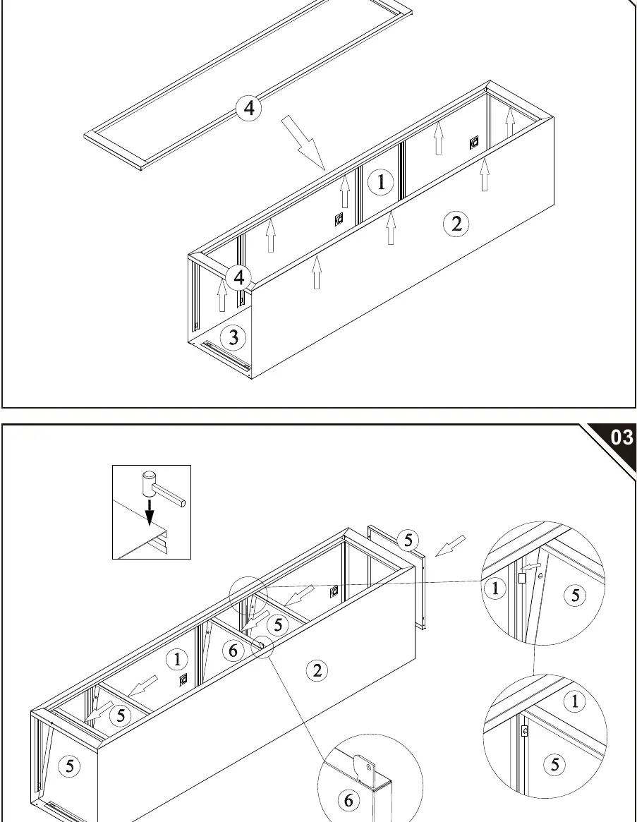 Steps 02 and 03: Attaching top panel and shelves