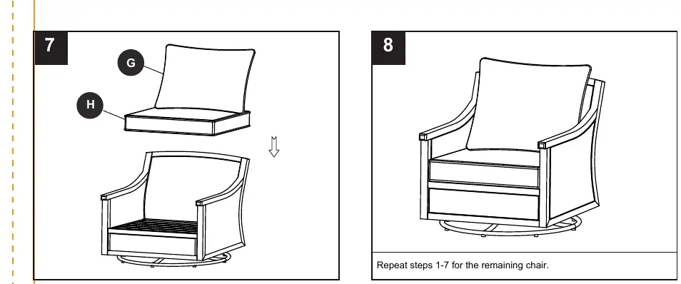 Assembly steps 7 and 8: Final assembly and cushion placement.