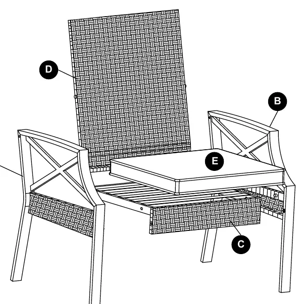 Package Contents diagram showing parts A, B, C, D, and E.
