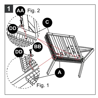 Assembly Step 1: Securing seat frame to right armrest.