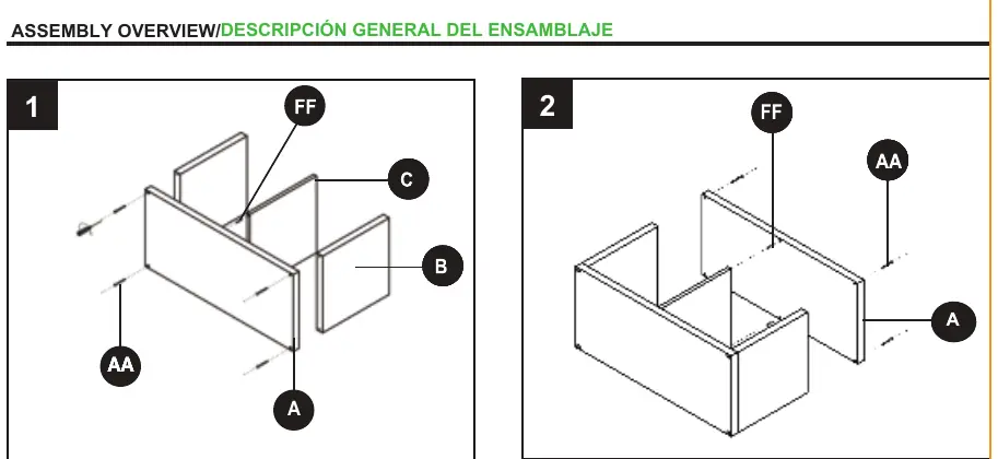 Assembly steps 1 and 2 showing panel connection.