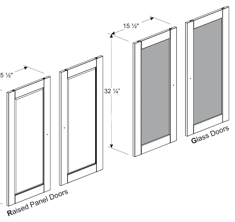 Parts overview for Raised Panel and Glass doors.