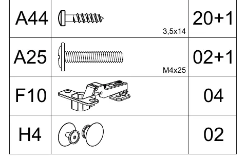 Hardware list with screw sizes.