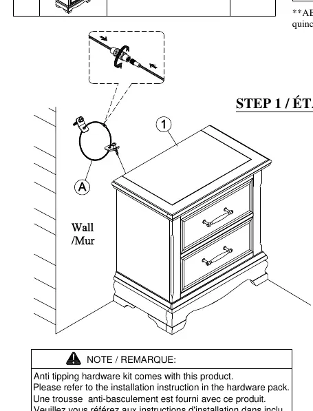 Assembly diagram showing the anti-tipping restraint installation.