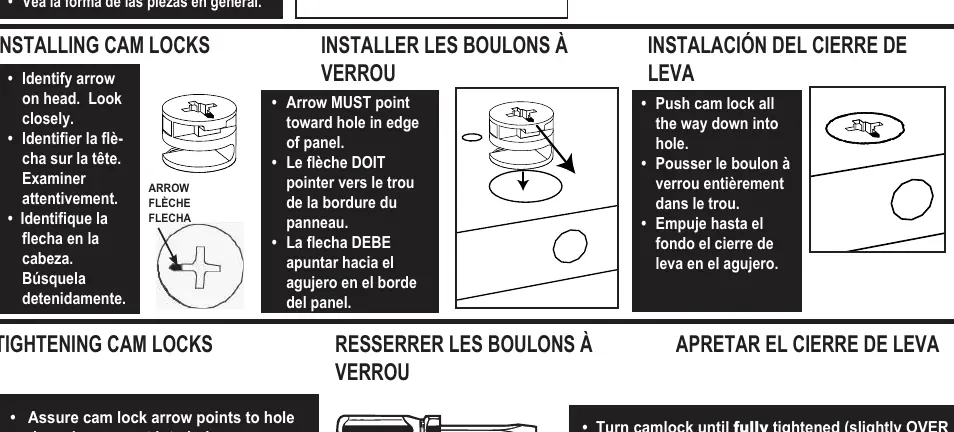 Cam lock installation and tightening instructions.