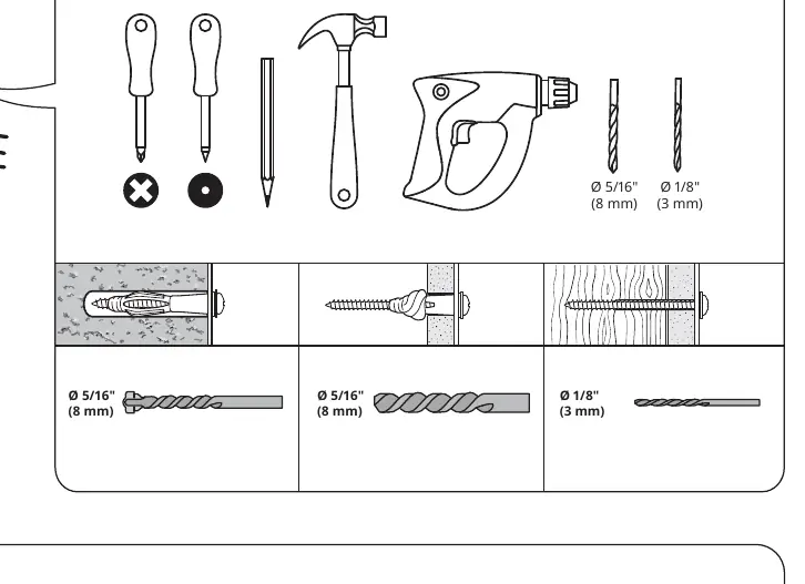 Required tools and wall drilling specifications