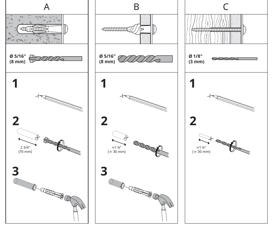 Wall anchoring instructions for different wall types
