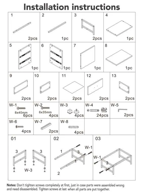 Parts list, hardware identification, and initial assembly steps 01-03.