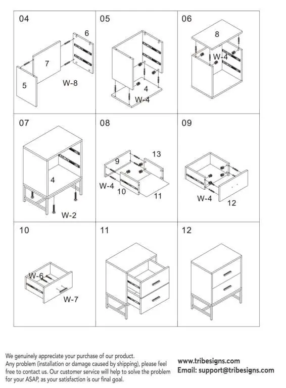 Assembly steps 04-12 for the main body and drawers.