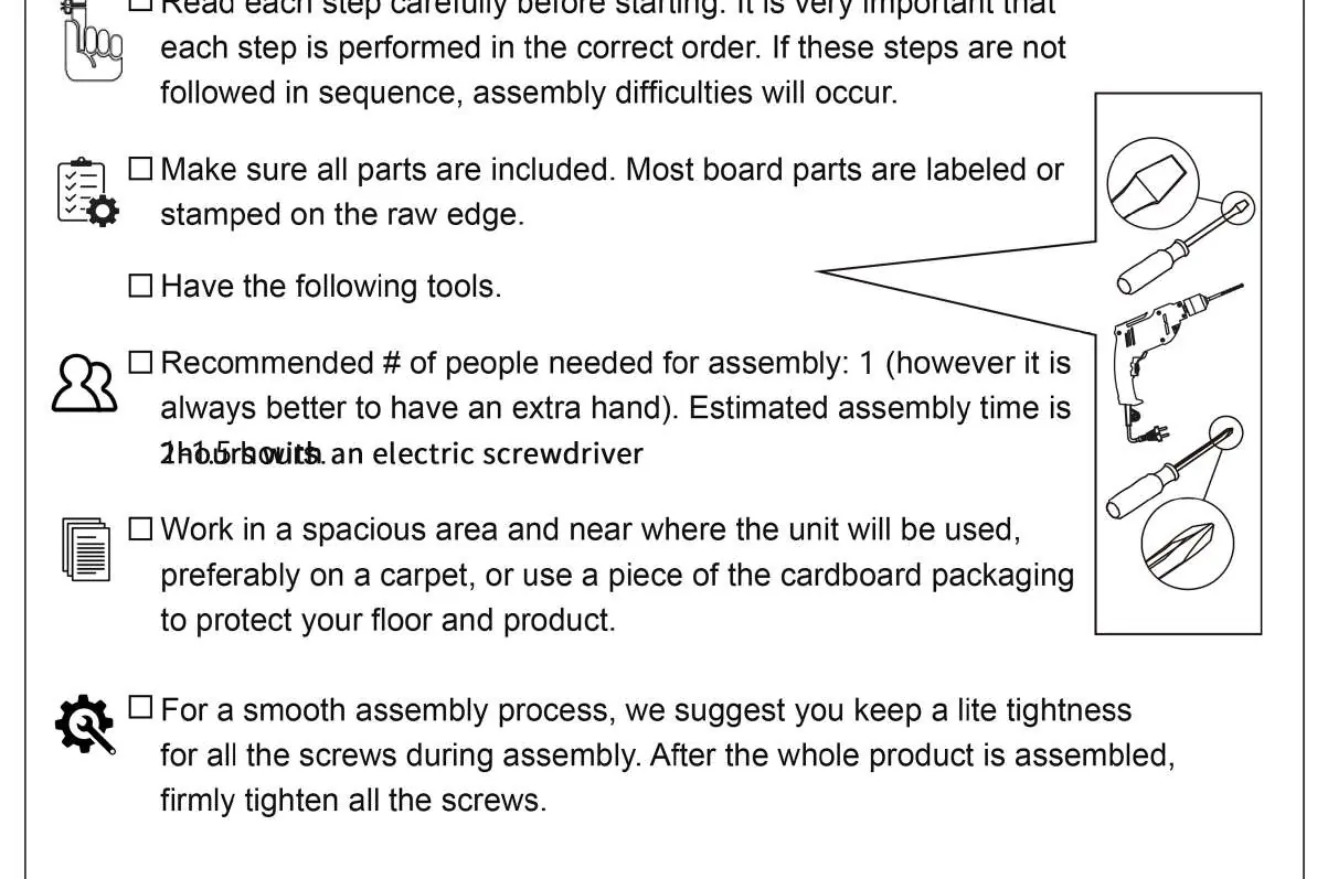 Preparation and tools required for assembly.