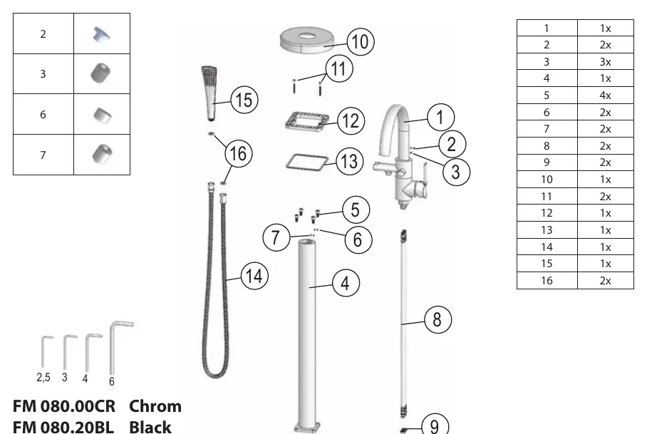 Exploded view of the faucet components