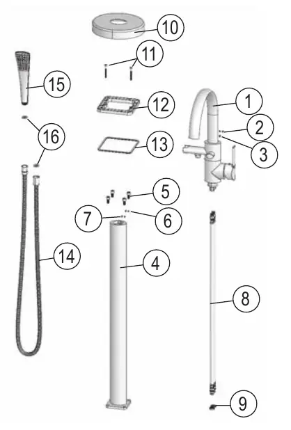 Exploded view of the tap components