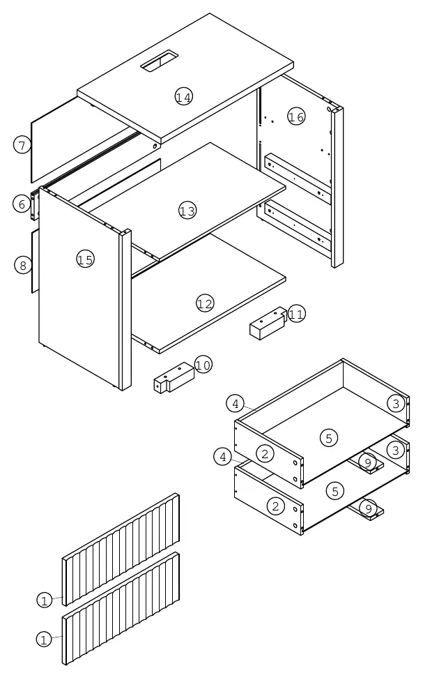 Exploded view of the cabinet components.