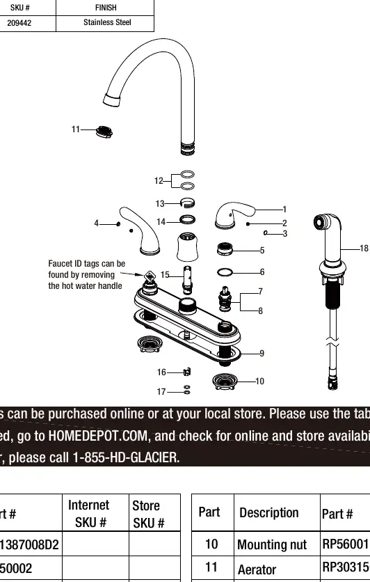 Exploded view diagram of the Glacier Bay 2-Handle Kitchen Faucet