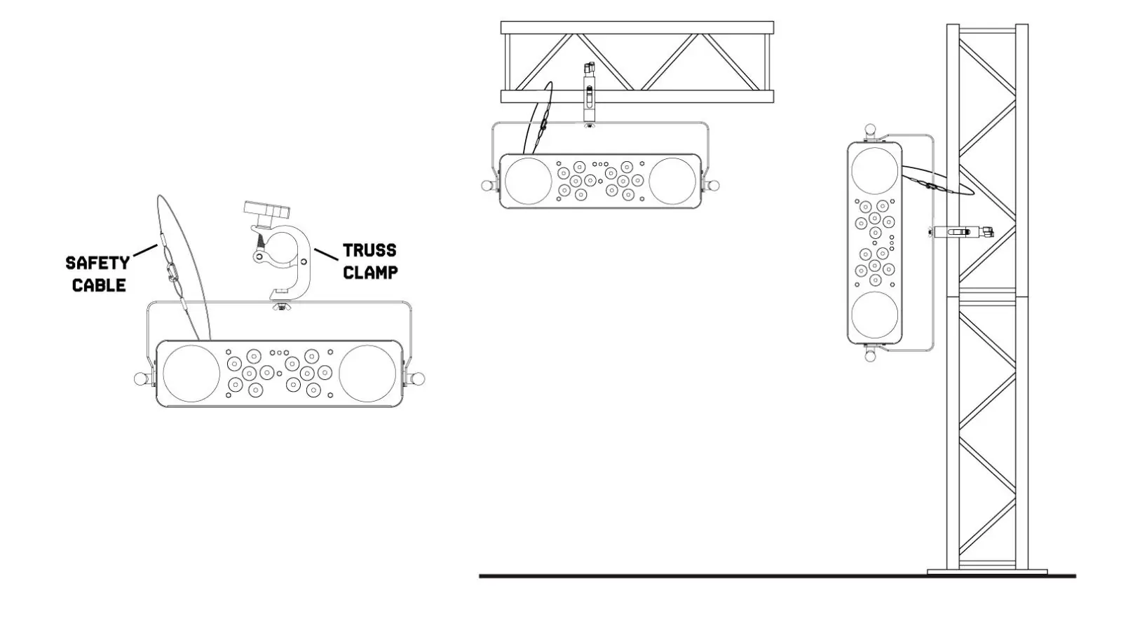 Rigging instructions showing truss mounting and safety cable attachment.