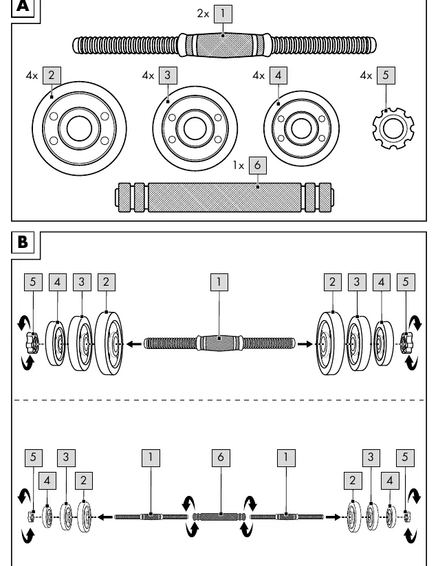 Assembly diagram for dumbbell and barbell configurations