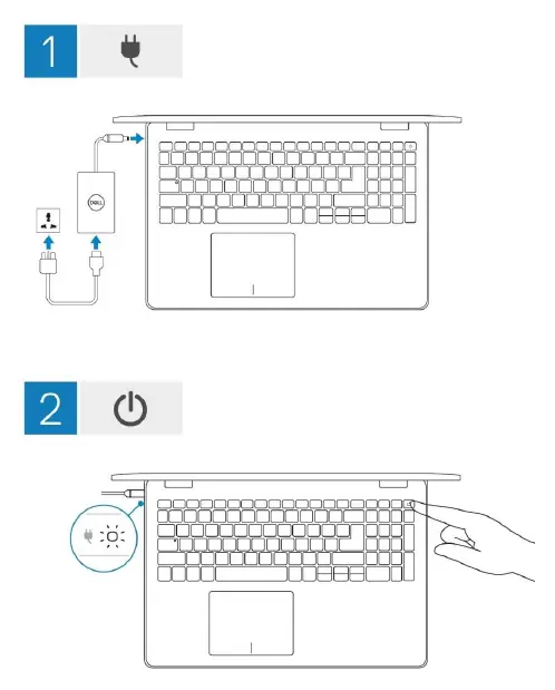 Initial setup steps: connecting power, powering on, and Windows setup.