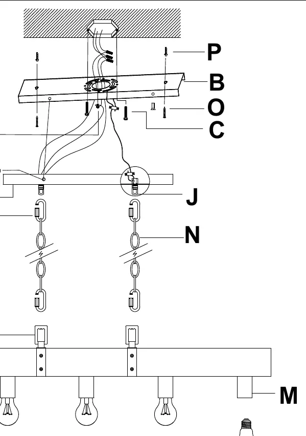 Assembly diagram illustrating the mounting plate, canopy, chain, and fixture body.