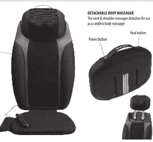 Detachable body massager and power/heat button locations.