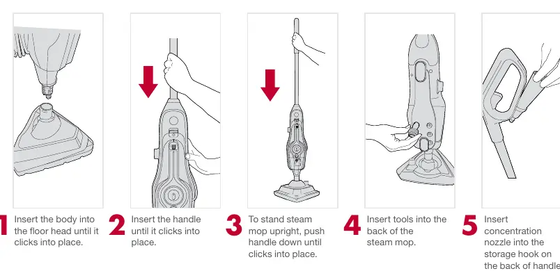 Assembly steps for the steam mop.