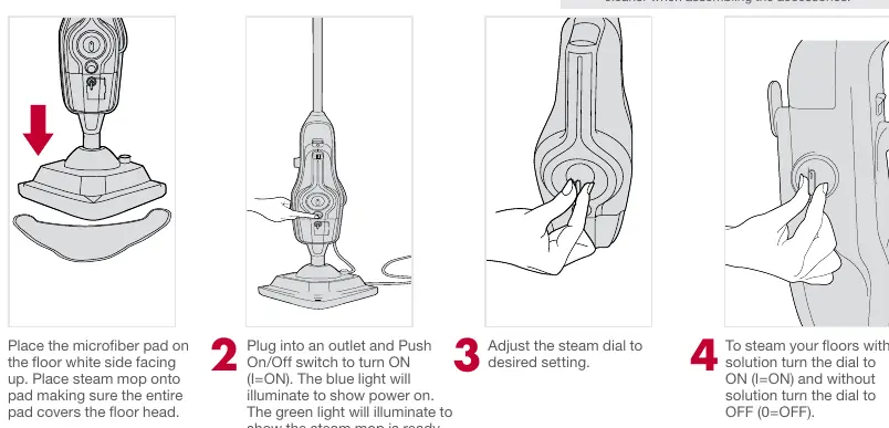 Steps for operating the steam mop.
