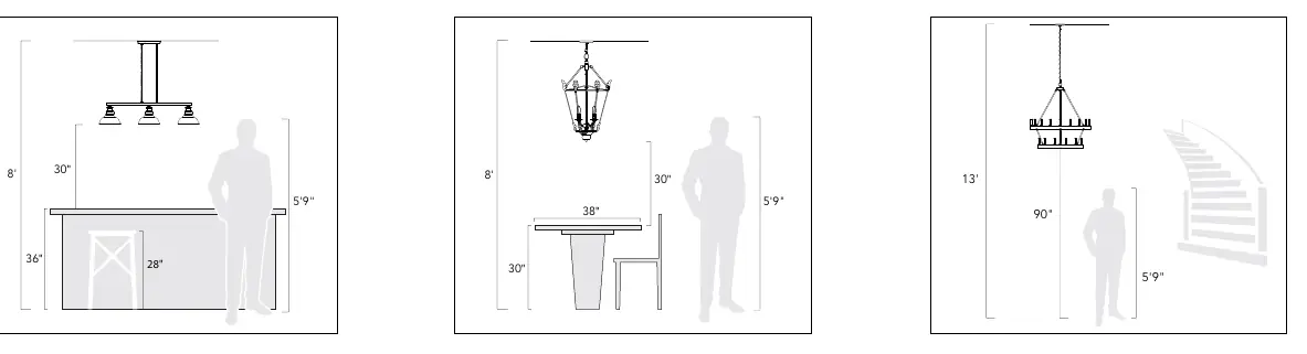 Lighting placement guide for kitchen islands, dining tables, and open areas.