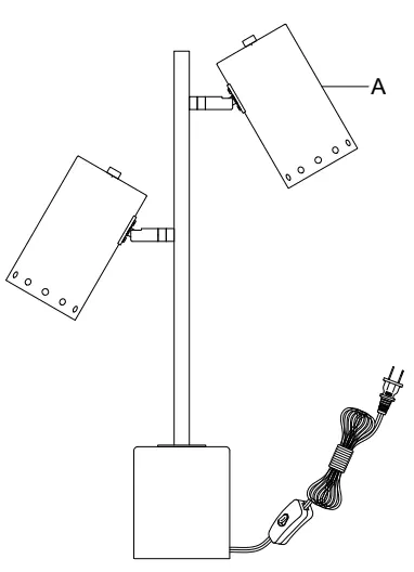 Assembly diagram showing the lamp structure and shade adjustment (A).