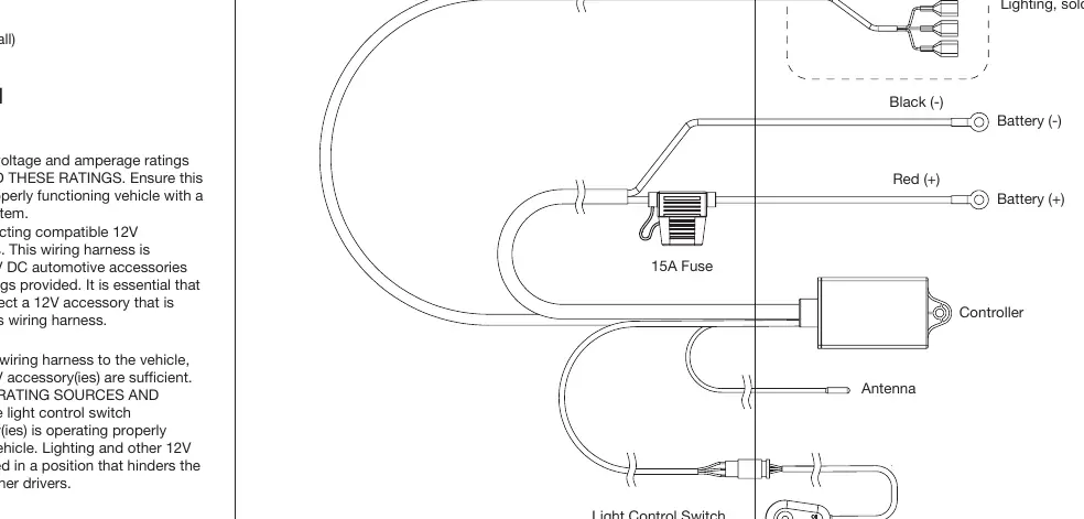 Wiring diagram showing connections for lights, battery, and controller.