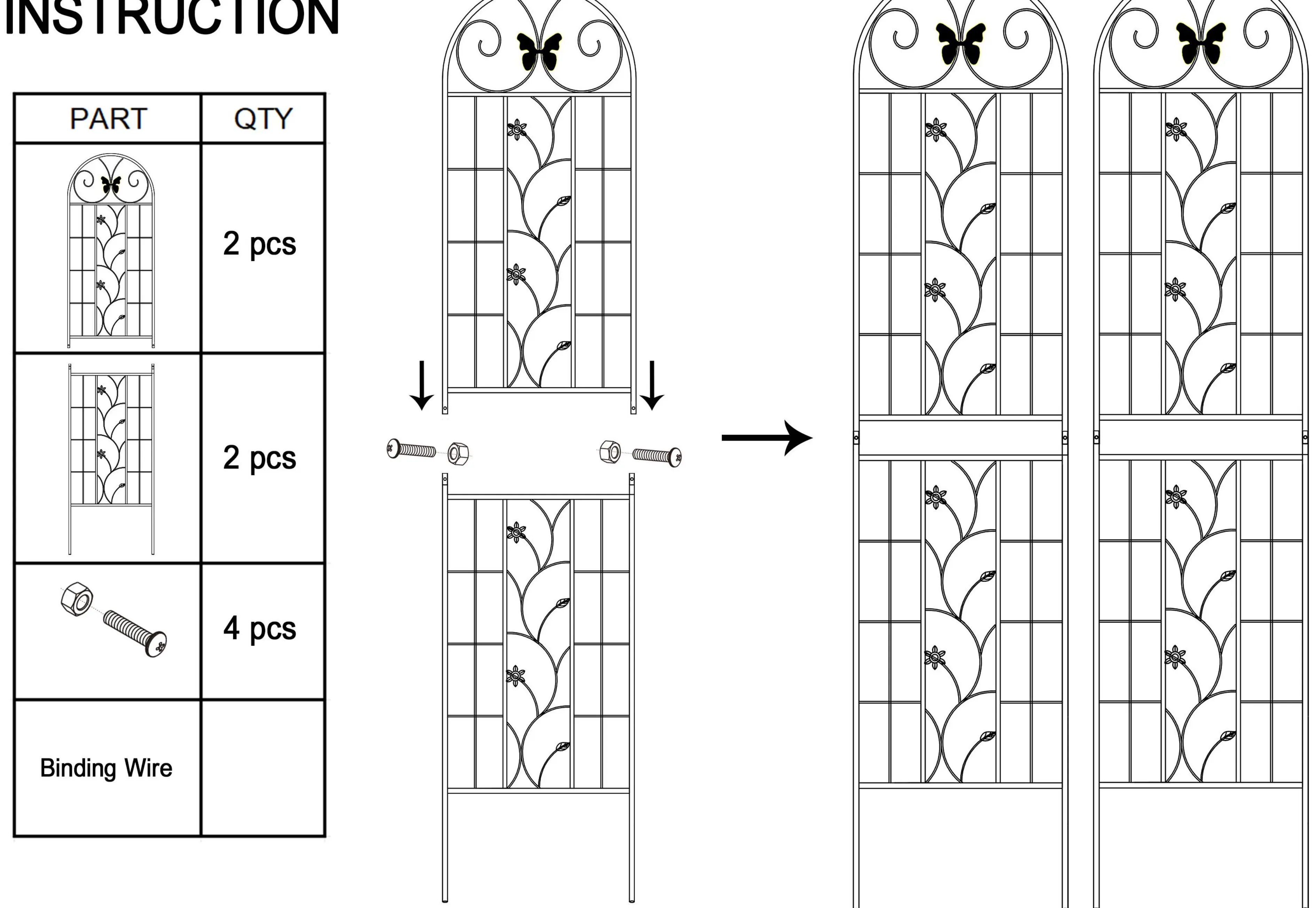 Assembly diagram showing the connection of top and bottom trellis sections using bolts and nuts.