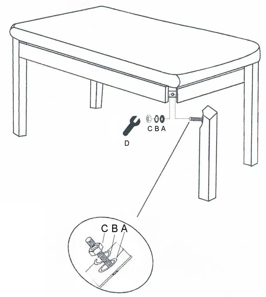 Assembly diagram showing the attachment of legs to the bench seat.