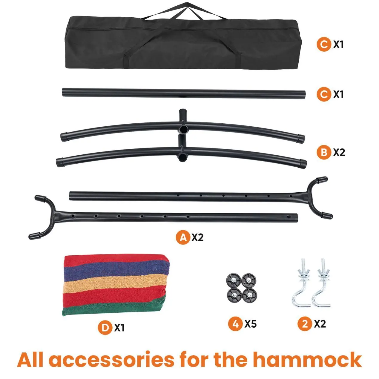 Included parts and accessories for the hammock assembly