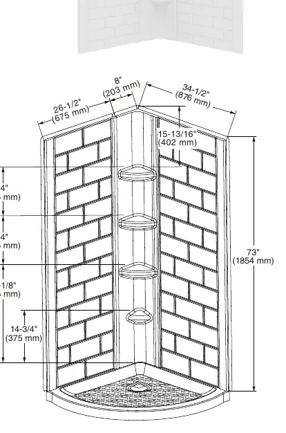 Dimensional diagram of the Elevate 36" x 72" 2-piece Shower Wall Set.