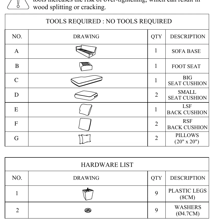 Parts list for the Left Side Sofa Chaise.