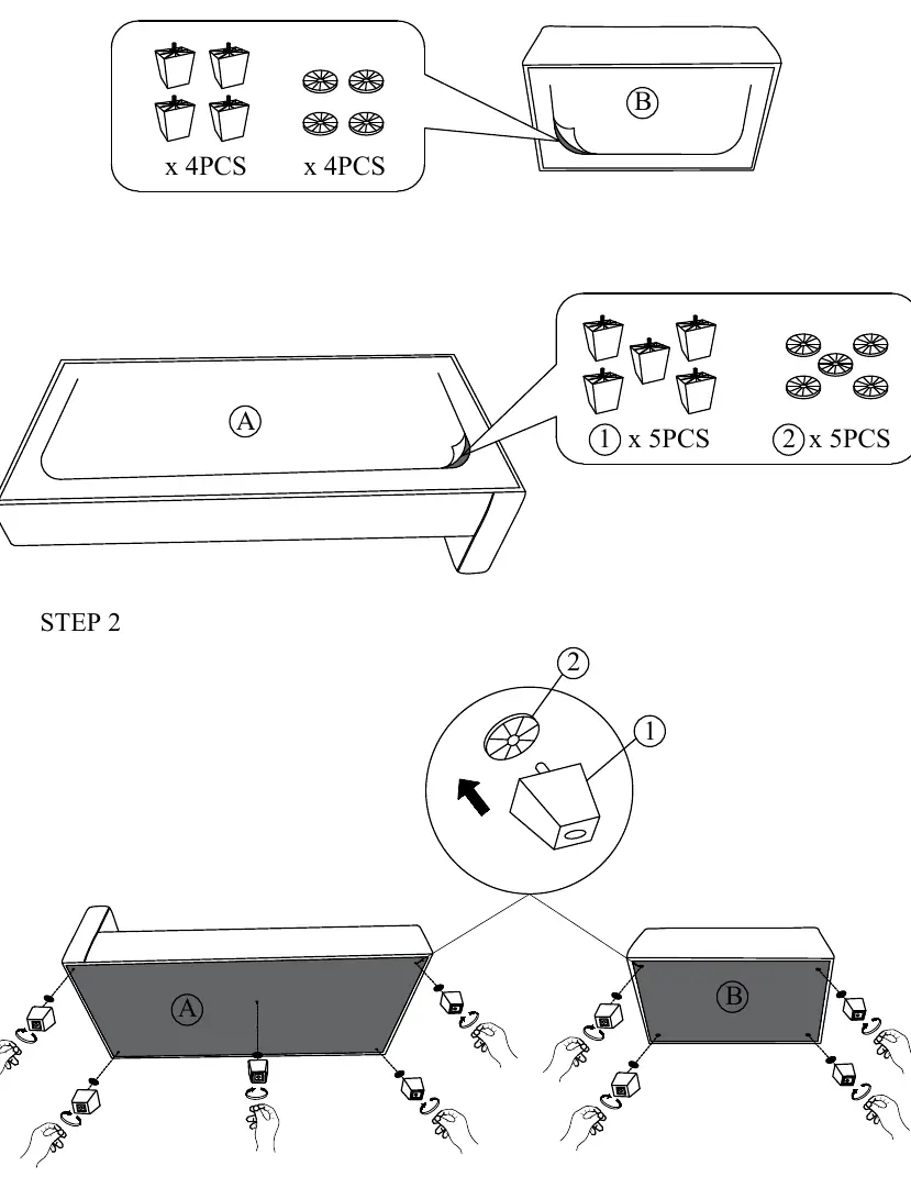 Step 1 and 2: Attaching legs to the sofa base.