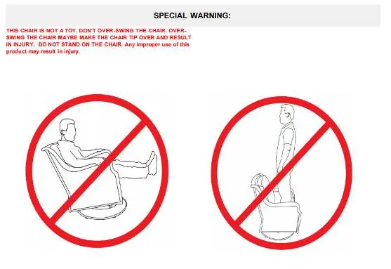 Safety warnings regarding chair usage.