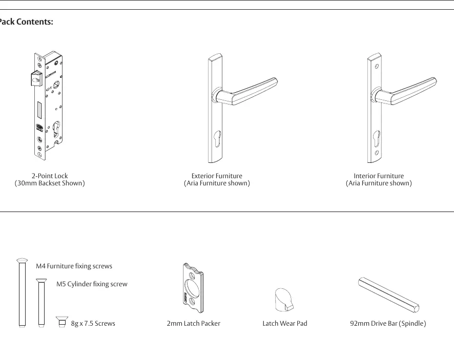 Pack contents including lock, furniture, and hardware.