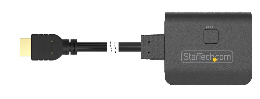 Top view of the HDMI splitter showing the input cable and reset button.