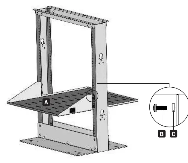 Installation diagram showing the shelf mounted to a 2-post rack