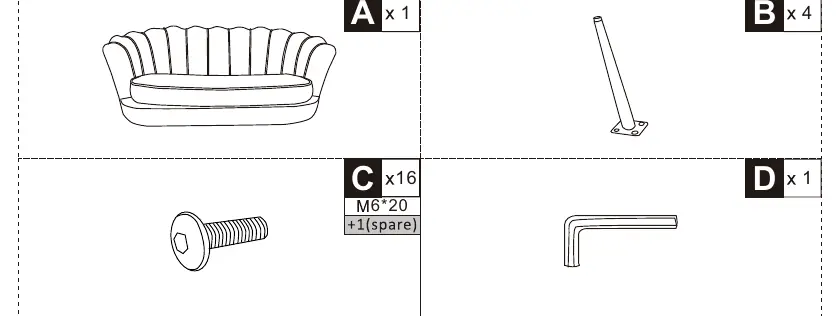 Parts list including sofa body, legs, screws, and Allen key.