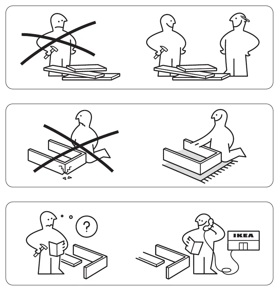 Assembly warnings: two people required, use a rug, contact support if needed.