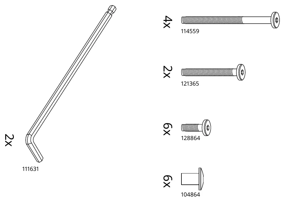Parts list including screws and hex key.