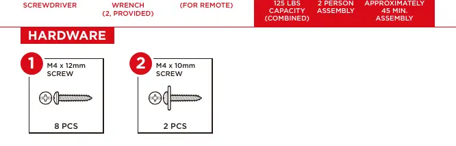 Tools and hardware required for assembly
