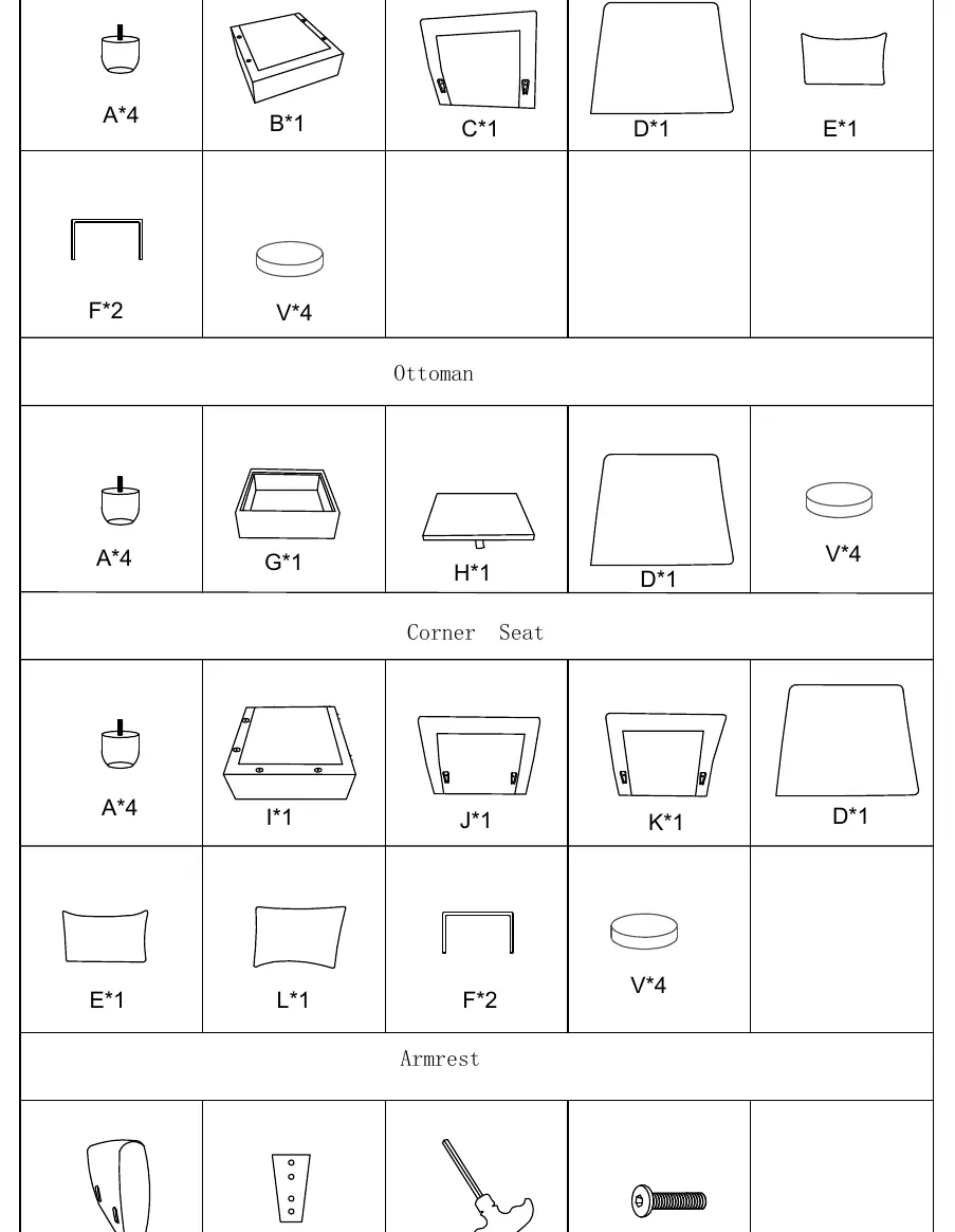 Parts list for the modular sofa system.