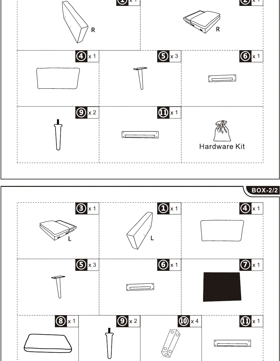 Parts identification and hardware kit contents.