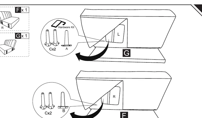 Step 01: Attaching legs to the sofa sections.
