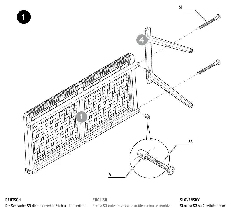 Assembly step 1 showing use of guide screw S3