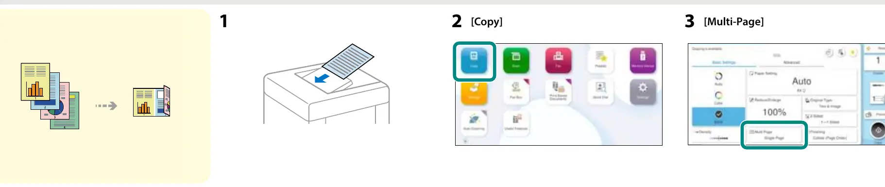 Steps 1-3: Accessing the Copy and Multi-Page menu.