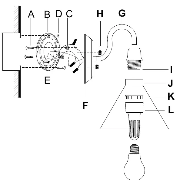 Assembly diagram showing parts A through L
