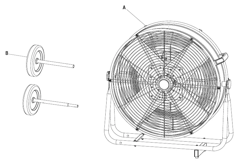 Package contents showing fan head and wheels.