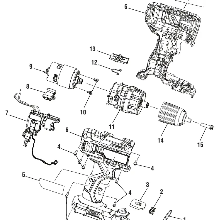 Exploded view of the Ryobi P215 drill-driver components.